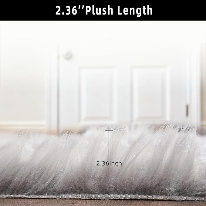 Grey Samll Faux Fur Sheepskin Area Rug for Living Room Bedroom, 2 x 3 Feet Ultra Soft Shaggy Fuzzy Furry Carpet Chair Throw Rugs for Kids, Girls, Nursery Room Decor Dorms