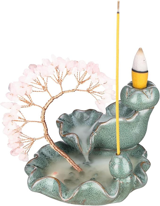 Incense Waterfall Moon Backflow Incense Burner Ceramic Incense Holders Rose Stone Crystal Tree Incense Holder Namaste Yoga Meditation and Home Decor