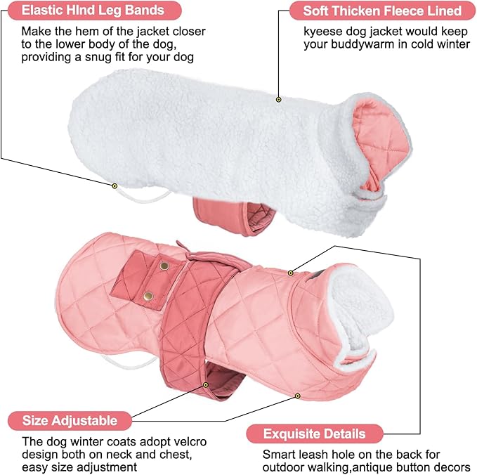 KYEESE Dog Coat Thick Pets Clothes with Pocket Windproof Dog Coats for Small Dogs Waterproof Dogs Jacket with Fleece Lined Soft Pet Sweater for Cold Weather Warm Pet Winter Puffer Coat with Leash Hole