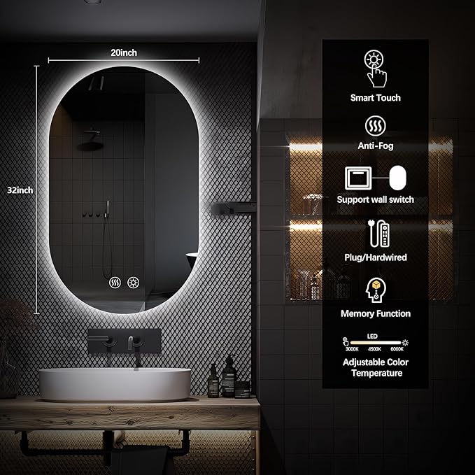 Niccy Oval LED Bathroom Vanity Mirror, 32x20inch Frameless Backlit Mirror with Light, Smart Anti-Fog Waterproof Mirror with Memory Function Dimmable Lighted Mirror