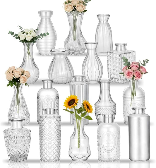 Glass Bud Vases in Bulk Set of 17, Transparent Clear Small Mini Vases for Flowers, Vintage Vase for Centepiece,Wedding, Table Decor, Baby Shower, Christmas, Home and Events
