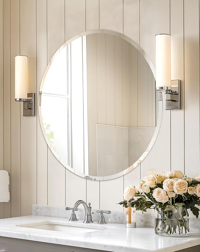 Frameless Round Wall Mirror: Decorative Mirrored Glass Vanity with Beveled Silver Edge for Bathroom Bedroom Livingroom Dining Room Entryway Hallway, 32 x 32 inch