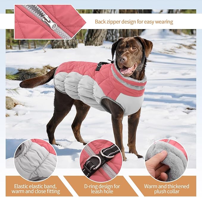 OUOBOB Dog Coats for Large Dogs,XL Dog Coat,Warm Fleece Winter Coat with D-Ring,Back Zipper Pet Jacket for Large Dogs,Waterproof Pet Snow Jacket Clothes Snowsuit Beagle Corgi Border Collie,Pink,XL