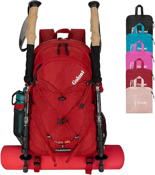 45L Hiking Backpack with Rain Cover, Lightweight Foldable Camping Backpack for Trekking, Water-Resistant Daypack with Hiking Pole & Mat Carrying System,Red