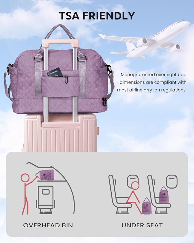 Vogewood Duffle for Women with Shoe Compartment, Personalized Weekender with Shoulder Strap, Overnight Bag with Trolley Sleeve & Wet Pocket, Travel Bag with Makeup Bag (Letter E)