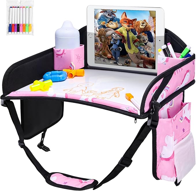 WENRENER 2PCS Kids Travel Tray, Car Seat Tray for kids Travel, Toddler Road Trip Essentials With Drawing Kit, Toddler Lap Desk Organizer for Car, Carseat Table for Airplane