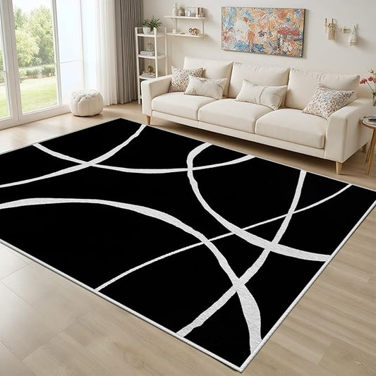 Black and White Rugs, Abstract Rug, Modern Minimalist Rug, Curved Line Design Carpet, Black and White Abstract Rugs Washable Non Slip for Living Room Home Decor 4x5