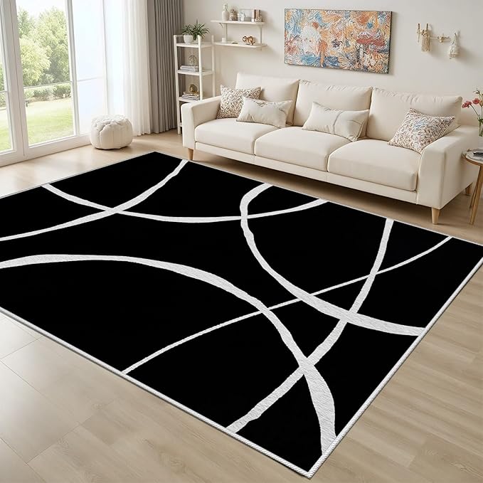 Black and White Rugs, Abstract Rug, Modern Minimalist Rug, Curved Line Design Carpet, Black and White Abstract Rugs Washable Non Slip Home Decor 7x9