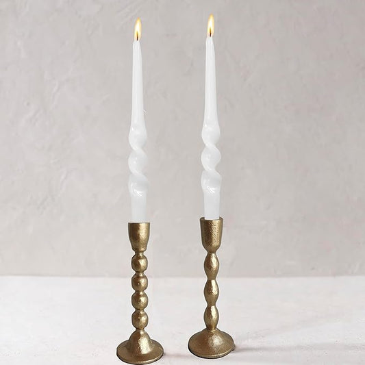 Antique Iron Taper Candle Holders - Set of 2 Decorative Candlesticks, Brass Finish Candle Stand for Weddings, Dining, and Parties