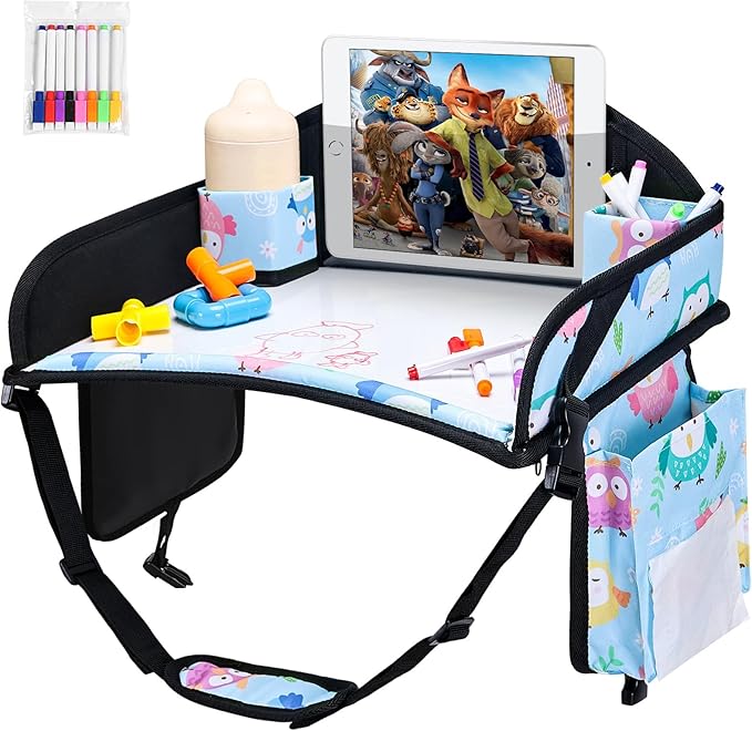WENRENER 2PCS Kids Travel Tray, Car Seat Tray for kids Travel, Toddler Road Trip Essentials With Drawing Kit, Toddler Lap Desk Organizer for Car, Carseat Table for Airplane
