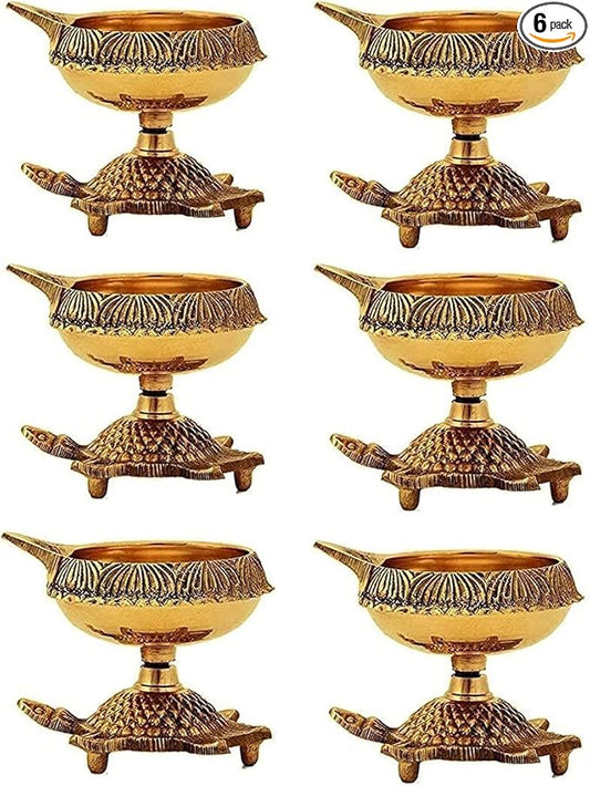 SATVIK 6 Pc Brass Kuber Turtle Diya for Diwali Decoration Handmade Oil Lamp with Golden Engraved Virgin Brass Metal Diwali Diya Vilakku