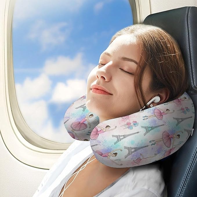 Comfortable Memory Foam Travel Neck Pillow Ballet Dancer Ballerina Eiffel Tower, Washable Removable Cover, Chin Head Support for Airplane Car Office Pain Relief Sleeping
