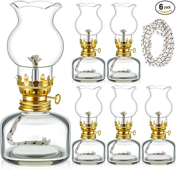 Yexiya Vintage Glass Kerosene Lamp Rustic Oil Lamp Lantern Chamber Oil Clear Kerosene Hurricane with 6.6 ft Extra Wick for Indoor Use Lighting Decor Emergency (6 Set,Modern Style)