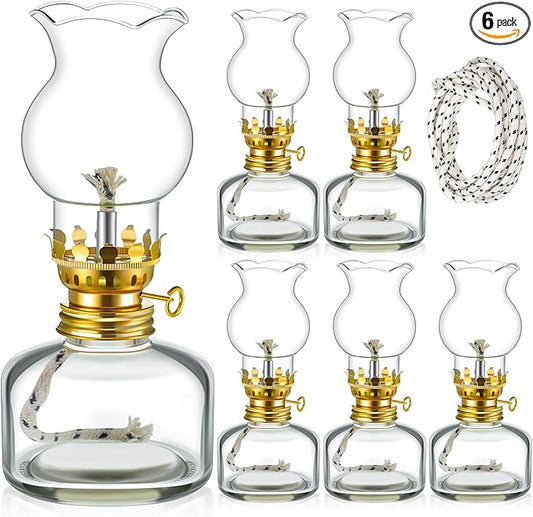 Yexiya Vintage Glass Kerosene Lamp Rustic Oil Lamp Lantern Chamber Oil Clear Kerosene Hurricane with 6.6 ft Extra Wick for Indoor Use Lighting Decor Emergency (6 Set,Modern Style)