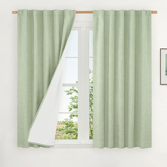 LAMIT 100% Blackout Linen Curtains, 45 Inches Linen Textured Thermal Bedroom Curtains Back Tab and Rod Pocket Neutral Panels with White Liner for Farmhouse, 2 Panels, 42 x 45 Inch, Light Green