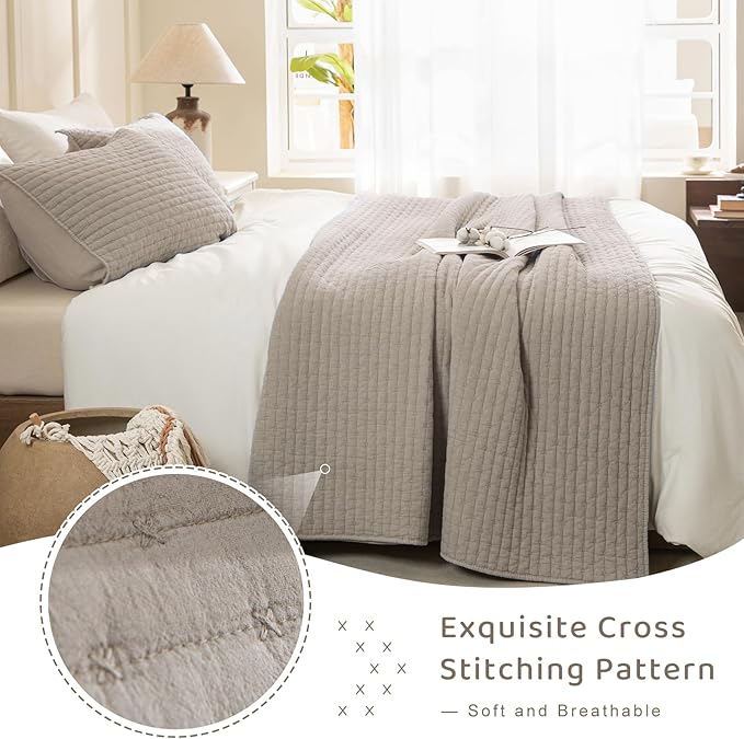 Sanracie Stonewashed Cotton Coverlet Oversized King(102"x118"), Linen Colored Cross Stitch Pattern Quilt Sets 3Pcs Ultra Soft Lightweight Crinkle Bed Coverlet Set for All Season