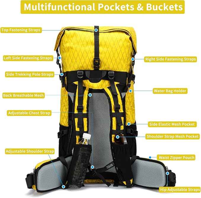 Hiking Backpack,40L to 50L Extra Large Capacity Hiking Bag,Internal Frame Camping Backpack,Upgraded X-PAC Lightweight Sport Daypack Travel Backpack Fit For Mountain Climbing Camping(Yellow)
