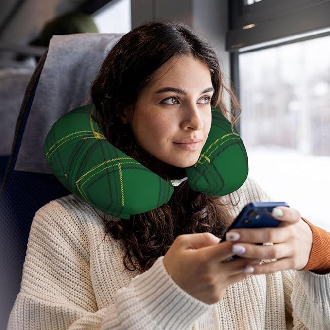 Travel Pillow for Men Women, Washable Relax U Shaped Neck Pillows for Car Head Pain Relief Sleeping Green Scottish Tartan Plaid