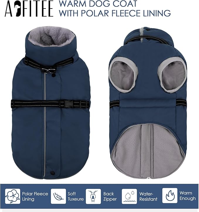 AOFITEE Dog Coat, Warm Dog Jacket Winter with Harness Built in, Waterproof Pet Snow Coat with Zipper on Back, Fleece Pet Sweater Puffer Jacket Snowsuit for Extra Large Dogs, Blue XXXL