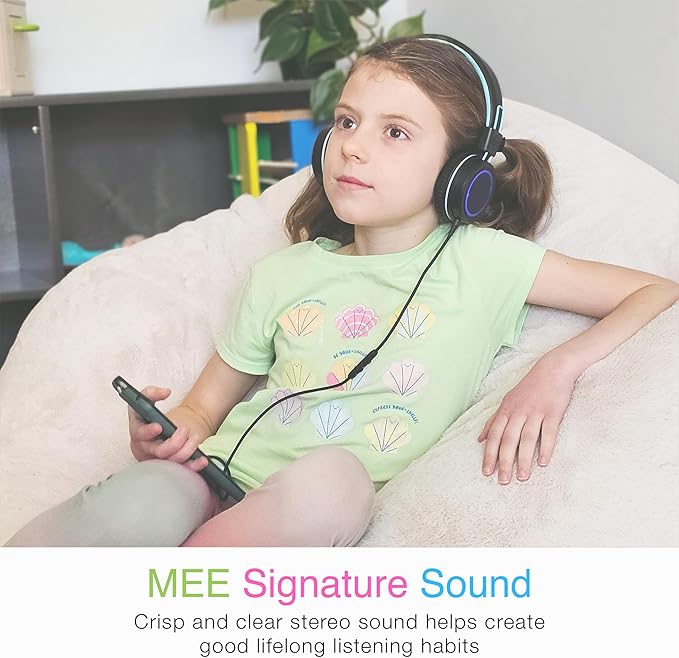 MEE audio KidJamz KJ55 USB-C Headphones for Kids w/LED Lights, Volume Limiter, Microphone On-Ear Wired Children's Headset for iPhone 15/16/17, iPad, Other USB Type C Devices (Plain Black)