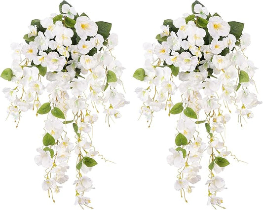 Fake Hibiscus Artificial Hanging Flowers Plants for Outdoors Spring Decoration, 2pcs Silk Hibiscus Vines Realistic UV Resistant White Faux Flowers for Outside Planter Porch Patio Yard Wedding Party