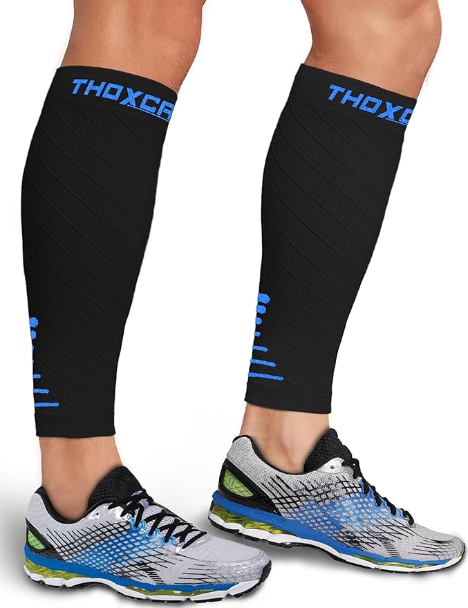 Thoxcare Calf Compression Sleeve for Men Women (1 Pair), Leg Support Footless Compression Socks for Running - Shin Splint Varicose Veins Swelling & Pain Relief, , Black/Blue, X-Large