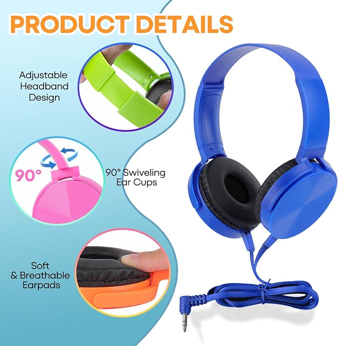 Classroom Headphones Bulk 24 Pack Multi Colored for Kids School, Wholesale Class Set Durable Wired Earphones for Students Children Toddler Teens Boys Girls Adult Laptop Computer(HY450, 24 Mixed)
