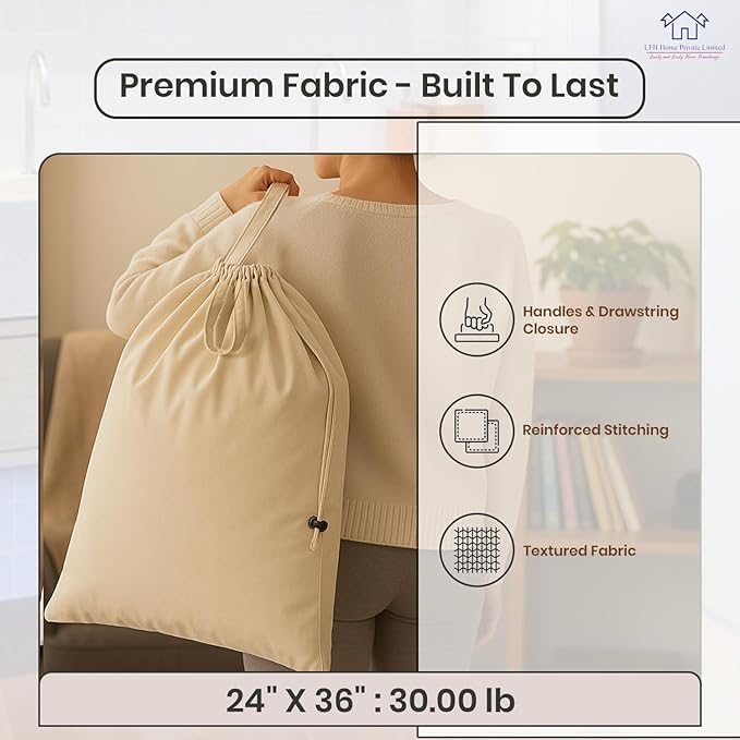 LFH Home Large Premium 100% Cotton Canvas Laundry Bag with Drawstring and Handles Heavy Duty, Multi-Use, and Washable for Home, Travel, College or Storage 24x36 (Pack of 6)-Natural