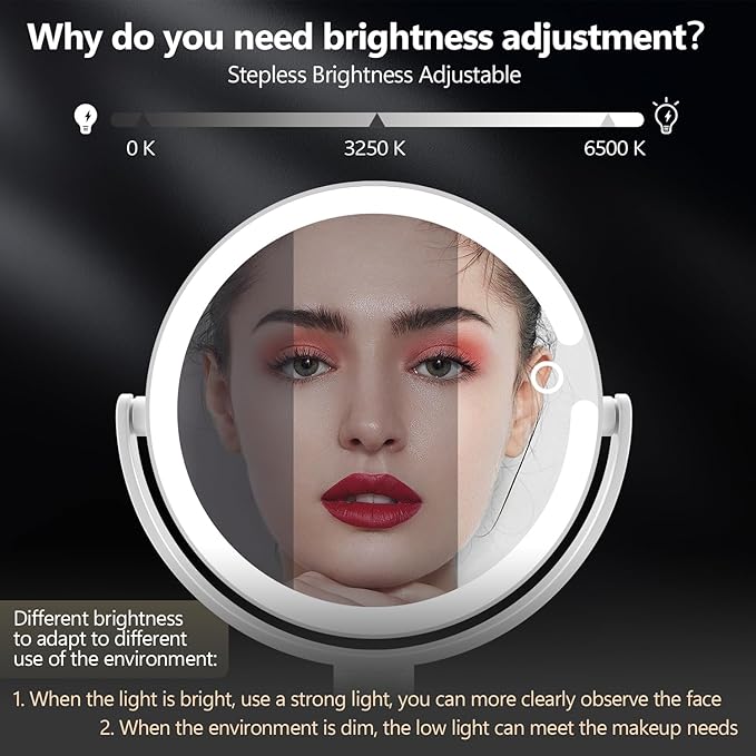 MIYADIVA Makeup Mirror with Lights, 30X Magnifying Mirror with Light and Touch Switch, Vanity Mirror with 3 Color Light and 80 LEDs, Height Adjustable Desk Mirror with Lights, White