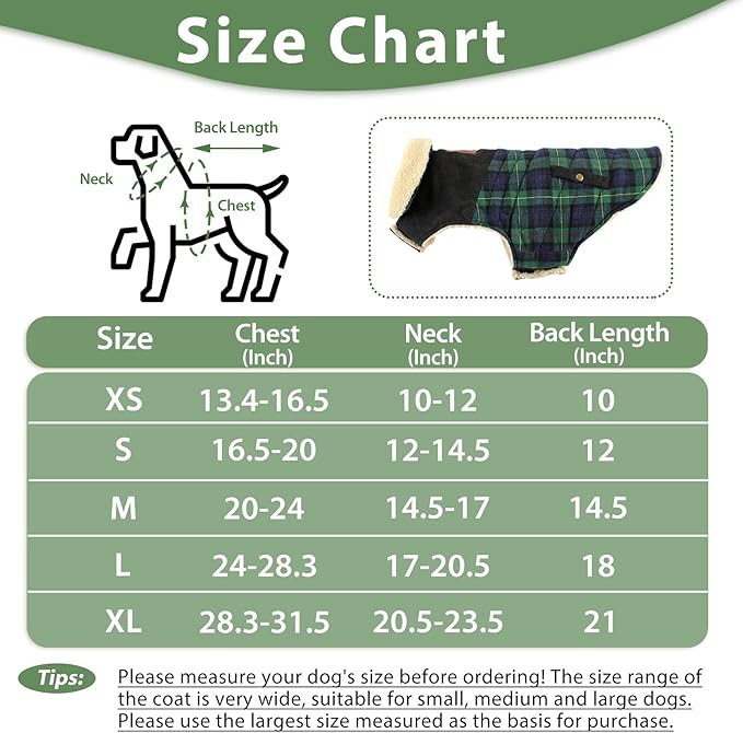 Winter Coat for Small and Medium Dogs, Puppy Plaid Jacket, Cotton Coat for Cold Weather, Windproof Warm Dog Garments, Pet Thickened Outfits Indoor Outdoor, Green M