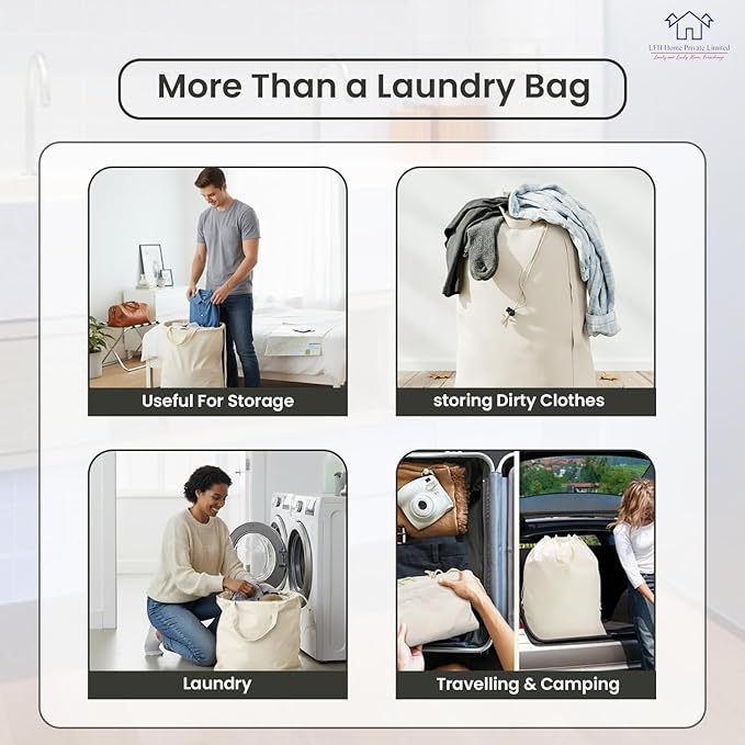 LFH Home Cotton Canvas Large Laundry Bag with Handle, Heavy Duty Drawstring Closure Washable Laundry Bags School Travel, Home, Hotel, College Dorm, Organizer Sack, Cloths 20x30-White, Thanks Giving