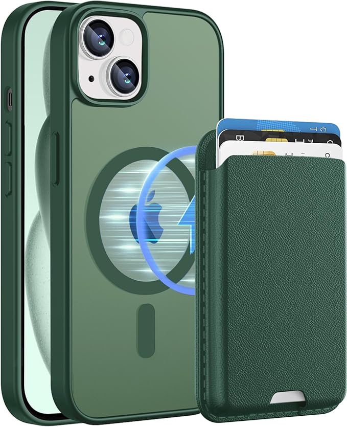 Ntwinro Magnetic for iPhone 15 Case (Compatible with MagSafe) with Detachable Wallet & Card Holder for 3 Cards [RFID Blocking] Military Grade Protective Slim Phone Cover, Green