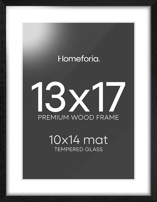 Homeforia 13x17 Picture Frame Black Wood, High End Oak 13x17 Poster Frames with Mat 10x14 Photo, 13 x 17 Wooden Frame Matted to 10 by 14 Print, 17x13 Hanging Frames, Tempered Glass, Wall Kit, Set of 1