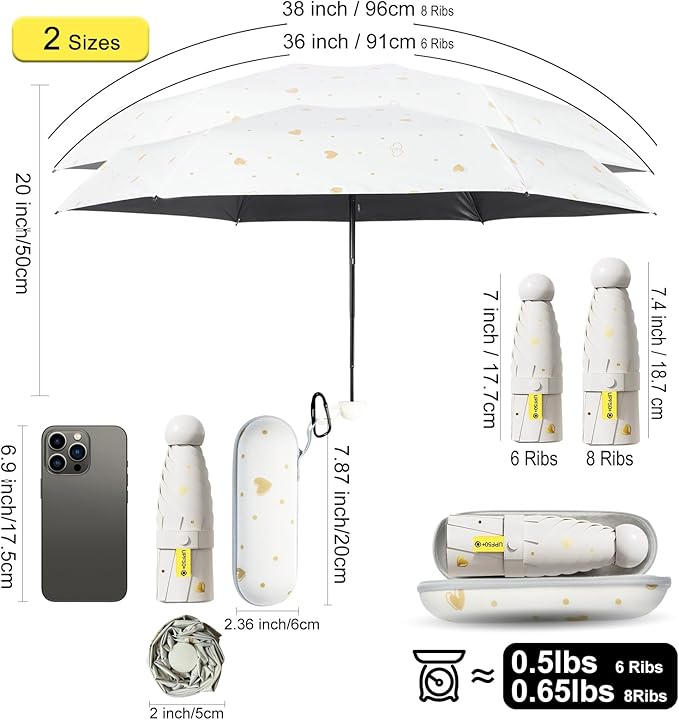 Compact Travel Umbrella - Mini Manual Umbrella for Purse, Windproof & UPF 50+ Sun & Rain Protection, Lightweight Portable Folding with Case for Women, Men，Kids