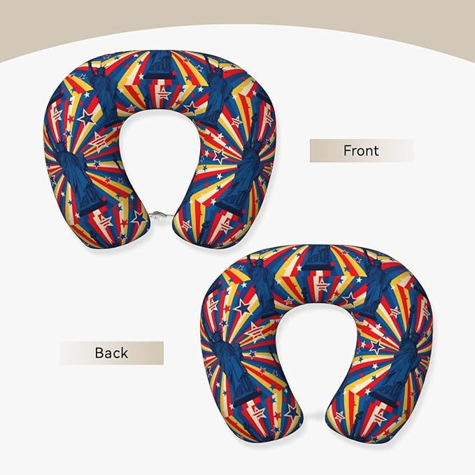 Neck Travel Pillow, Breathable Memory Foam Chin & Head Support Cushion Statue of Liberty USA Patriotic American Flag Stars and Stripes for Airplane Car Sleeping Rest