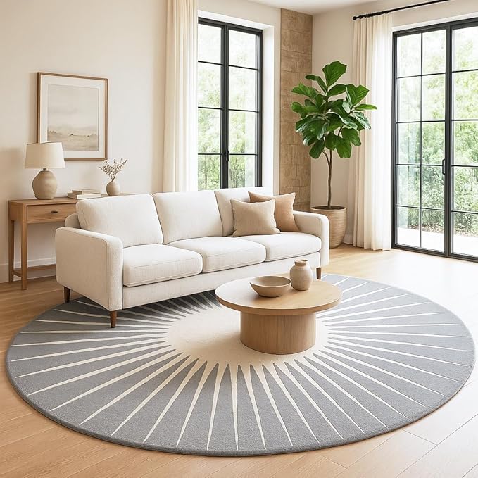 Modern Round Area Rug – Hand-Tufted with 100% NZ Wool, Thick & Soft Circular Carpet for Living Room, Bedroom & Dining Room Decor (Grey, 6' Round)