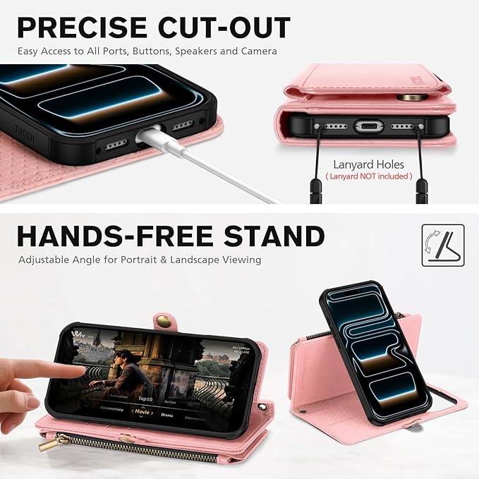 TUCCH Detachable Crossbody Wallet Case for iPhone 17 Pro 6.3", 9 Card Slots RFID Blocking | Stand | Lanyard Wrist Strap | Wireless Charging | Zipper Pocket | PU Leather Magnetic Flip Cover | Rose Gold