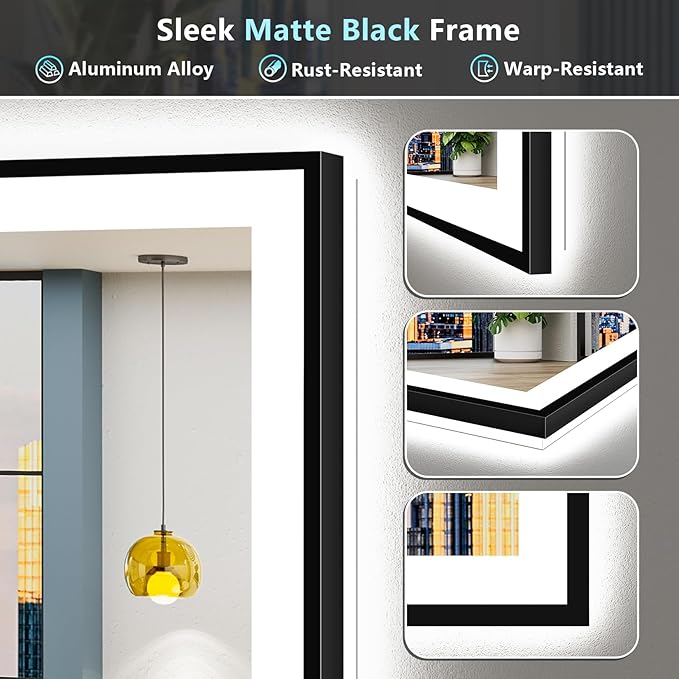 72x40 Inch Black Framed LED Bathroom Mirror with Lights, Backlit & Front Lit, Anti-Fog Lighted Vanity Mirrors for Bathroom Wall, Dimmable, 3-Color Light, Memory, Shatter-Proof, Tempered Glass