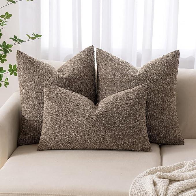 MIULEE 24x24 Decorative Euro Sham Throw Pillows for Bed Set of 2 Textured Boucle Neutral Winter Throw Pillow Covers Dark Brown Accent Solid Vintage Pillowcases Couch Sofa Livingroom Home Decor