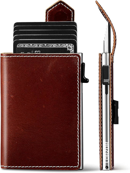 LORZOR Slim Wallet for Men with Security Latch, Pop Up Metal Card Holder Wallet, Finest Full Grain Leather Bifold Wallets, Smart, Minimalist, RFID Blocking, Front Pocket, ID Window