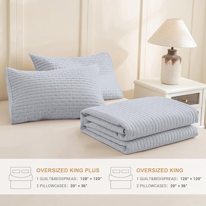 Sanracie Stonewashed Oversized King Quilt(120"x120"), Cotton Cornflower Blue Cross Stitch Pattern California King Quilt Sets 3Pcs Soft Lightweight Crinkle Bed Coverlet Set for All Season