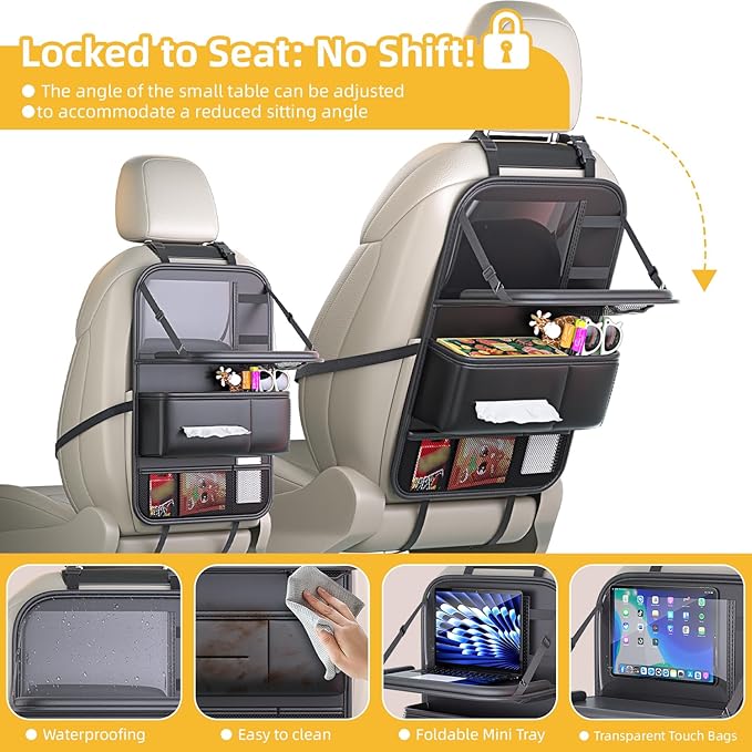 Donpeshe 1PC Leather Foldable Backseat Organizer with Tray for Cars - Portable Kids Car Tray Table, Travel Food Desk & Waterproof Storage