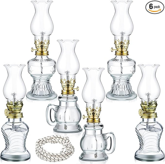 Yexiya 6 Pcs Chamber Oil Lamps Oil Lamp Vintage Glass Kerosene Lamp Bulk with Adjustable Fire Wick Rustic Clear Hurricane with 6.6 ft Extra Wick for Indoor Use Home Decor 8 Inch (Classic Style)