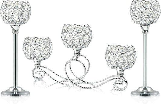 Silver 5 Arm Metal Crystal Tea Light Candle Holder, Elegant Wedding Table Centerpiece Candle Holder, Christmas Wishing Crystal Bowl Candle Holder Suitable for Wedding Party Living Room Decoration