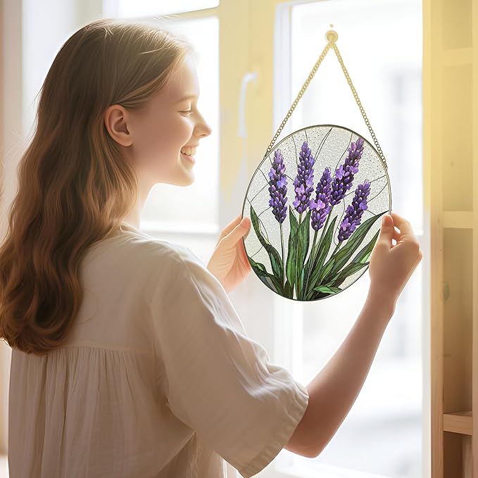 Stained Glass Window Hanging, 8 Inch Lavender Stained Glass Suncatcher, Flower Sun Catcher, Window Hanging Decor, Flower Lovers Gift for Her, Housewarming Gift, Gifts for Lover, Bestie and Couple
