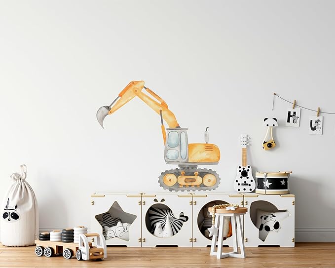 Construction Excavator Wall Decal for Boys Room, Construction Eqipment Peel Stick Removable Fabric Wall Sticker, Nursery or Playroom Decor, Repositionable (18 inch: 16" Tall x 18" Wide)