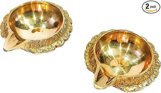 athizay Brass Diyas Pack of 2 for Pooja Virgin Brass Indian Diya Set Oil lamp Sets for Gifting Home Decor Vilakku (Kuber Diya Set 2)
