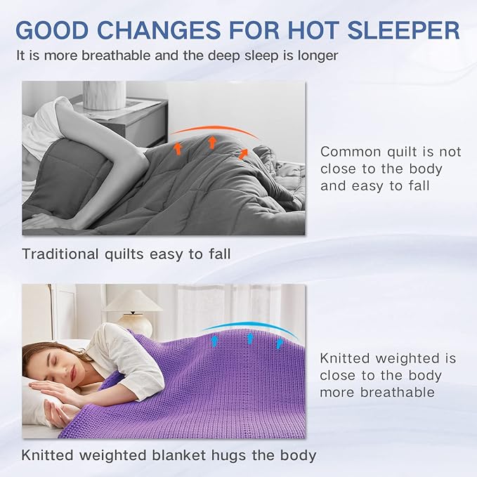 Guohaoi Knitted Weighted Blanket for Adults (Purple 60"x80" 17lbs) No Beads Cooling Throw Blanket for Hot Sleepers, Home Decor Breathable Chunky Knit Heavy Blanket Use on Queen/King Size Bed