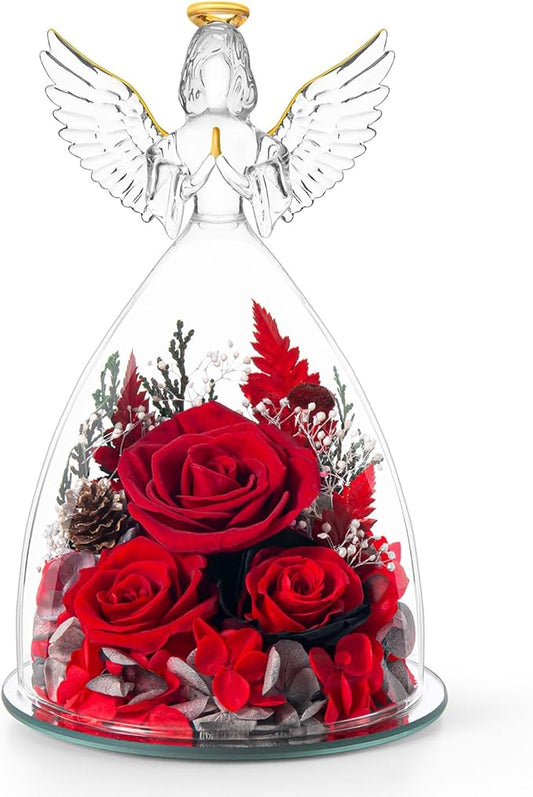 Valentines Day Roses Gifts for Women,Preserved Real Flowers Roses in Glass Angel Figurines,Valentines Day Gifts for Women Mom Wife Girlfriend./Red