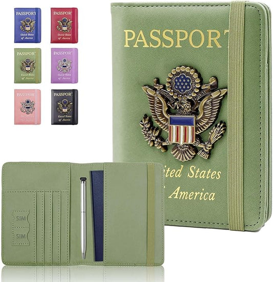 Cnycmy Passport Holder for Travel, Pu Leather Travel Wallet, RFID Blocking, Metal United States Coat of Arms, Waterproof cover for Family (Green)